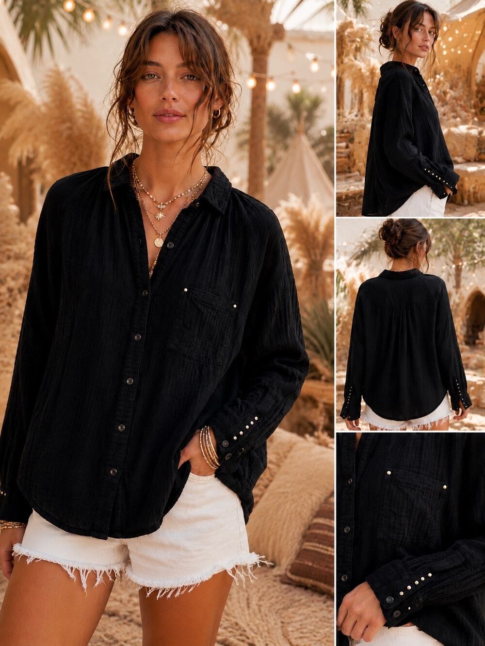 Free People We The Free Black Oversized Boho Button Up Shirt Studded Gauze S
